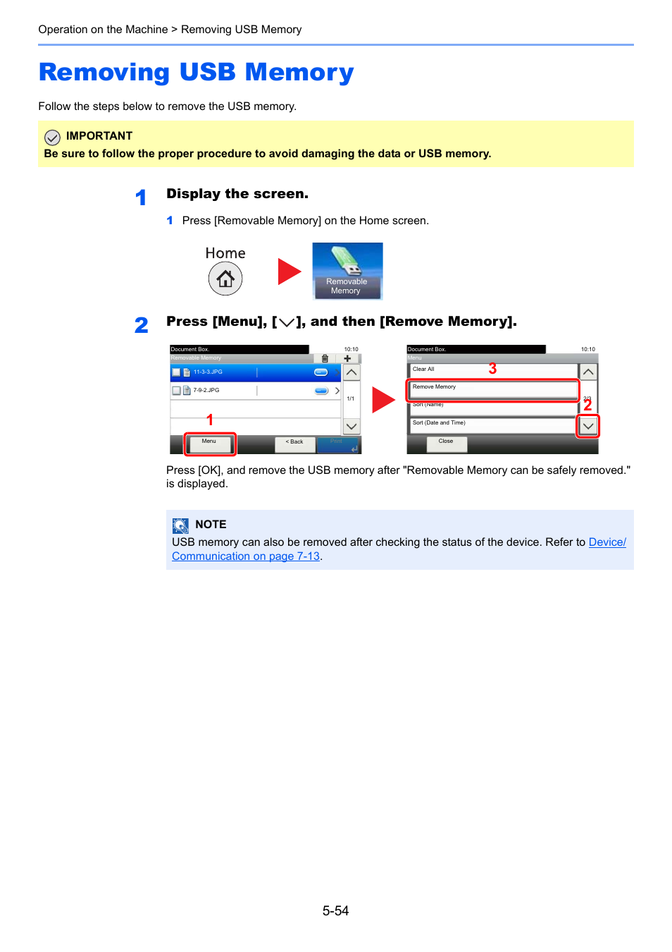 Removing usb memory, Removing usb memory -54, Display the screen | TA Triumph-Adler P-4030i MFP User Manual | Page 212 / 421