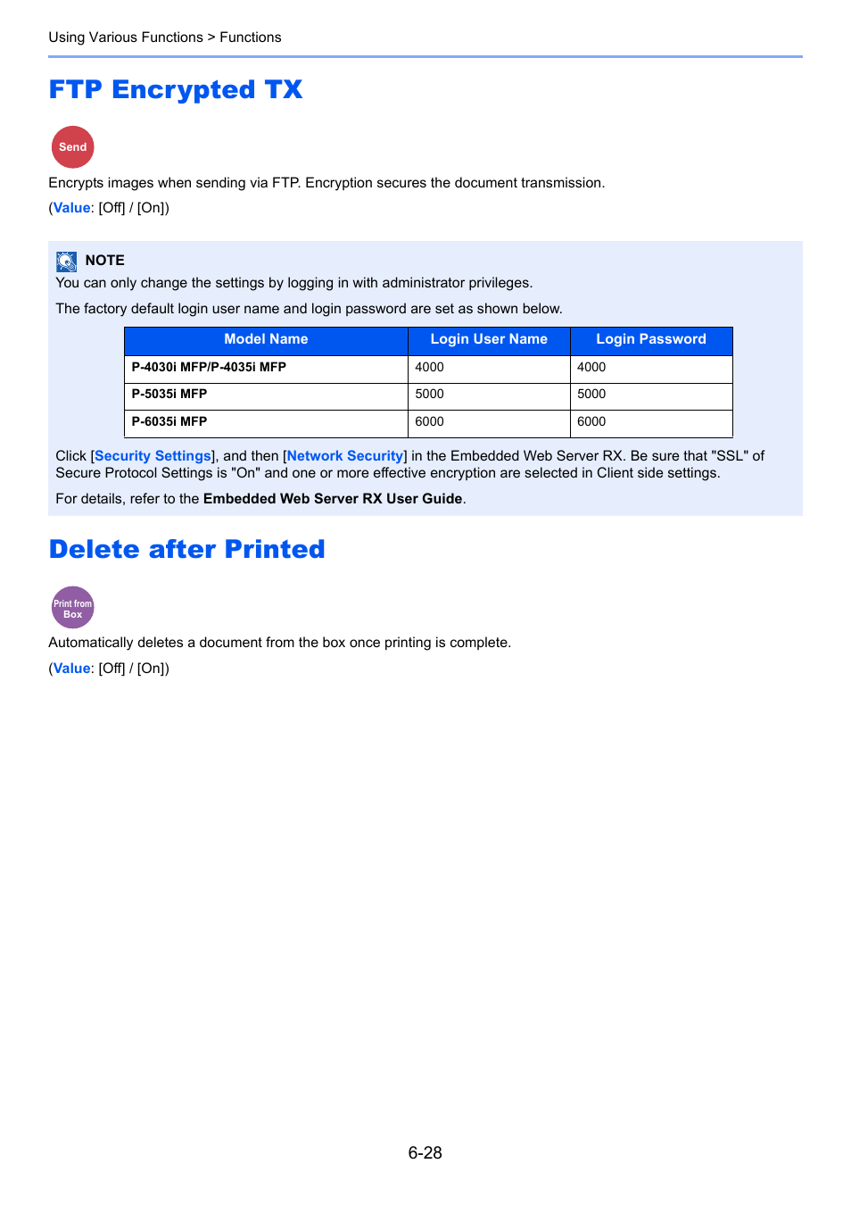 Ftp encrypted tx, Delete after printed, Ftp encrypted tx -28 delete after printed -28 | Ypted tx, Print | TA Triumph-Adler P-4030i MFP User Manual | Page 240 / 421