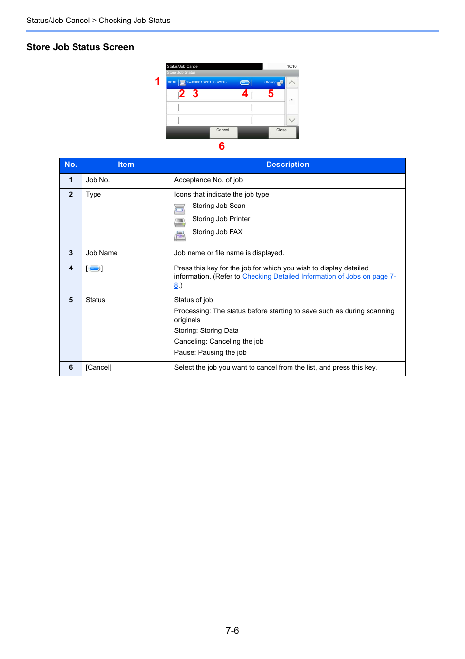 Atus, Store job status screen | TA Triumph-Adler P-4030i MFP User Manual | Page 248 / 421