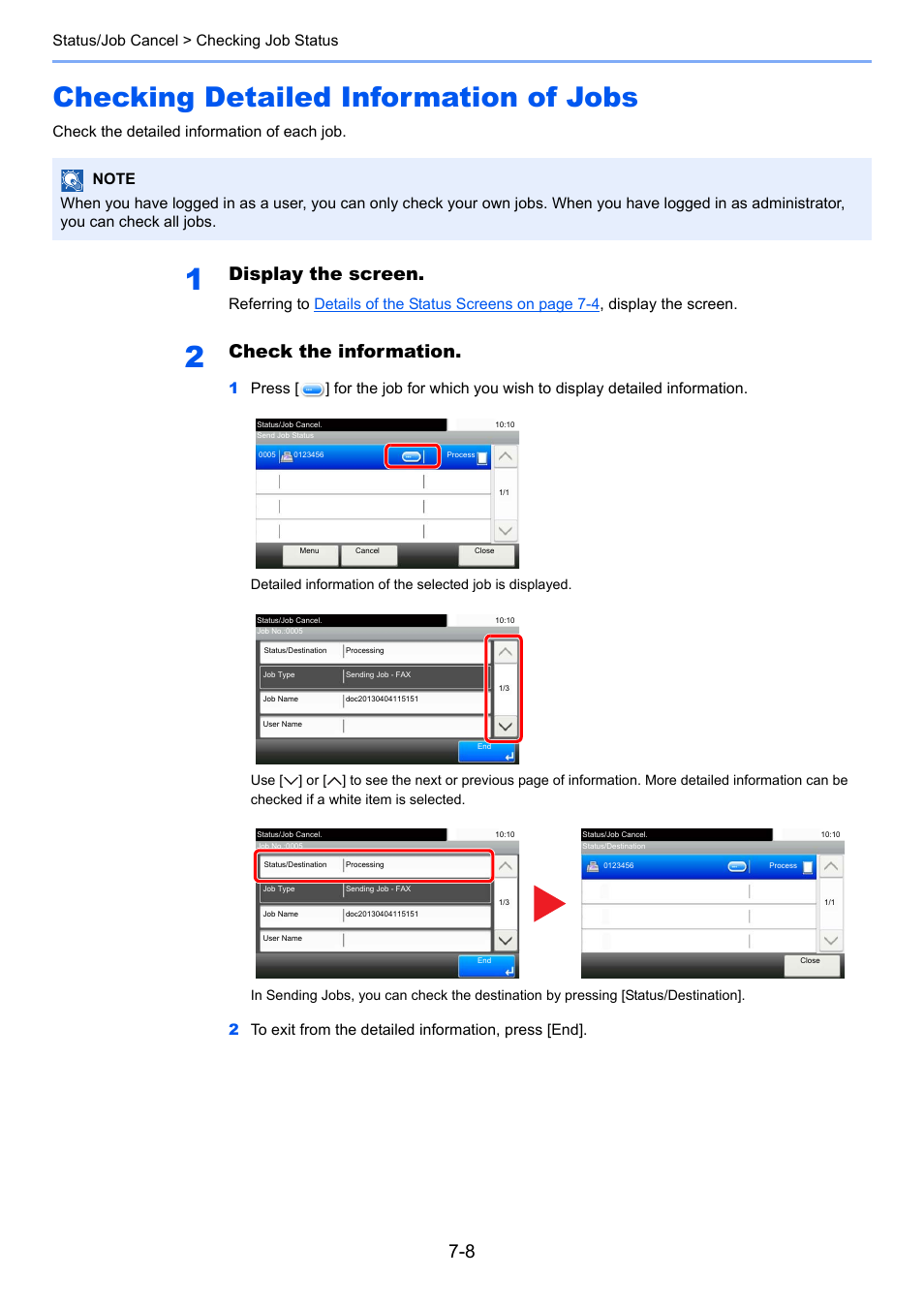 Checking detailed information of jobs, Checking detailed information of jobs -8, Display the screen | Check the information, Status/job cancel > checking job status, Check the detailed information of each job | TA Triumph-Adler P-4030i MFP User Manual | Page 250 / 421