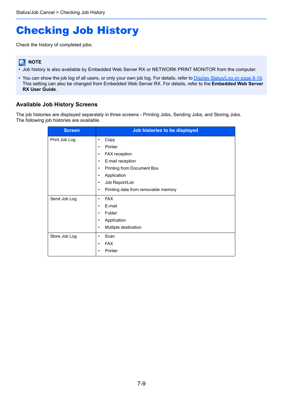 Checking job history, Checking job history -9, B log | Available job history screens | TA Triumph-Adler P-4030i MFP User Manual | Page 251 / 421