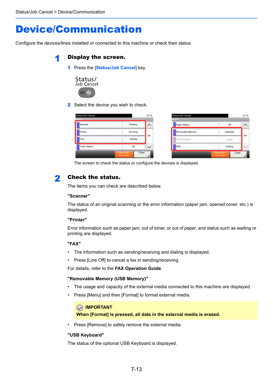 Device/communication, Device/communication -13, Device | Display the screen, Check the status | TA Triumph-Adler P-4030i MFP User Manual | Page 255 / 421