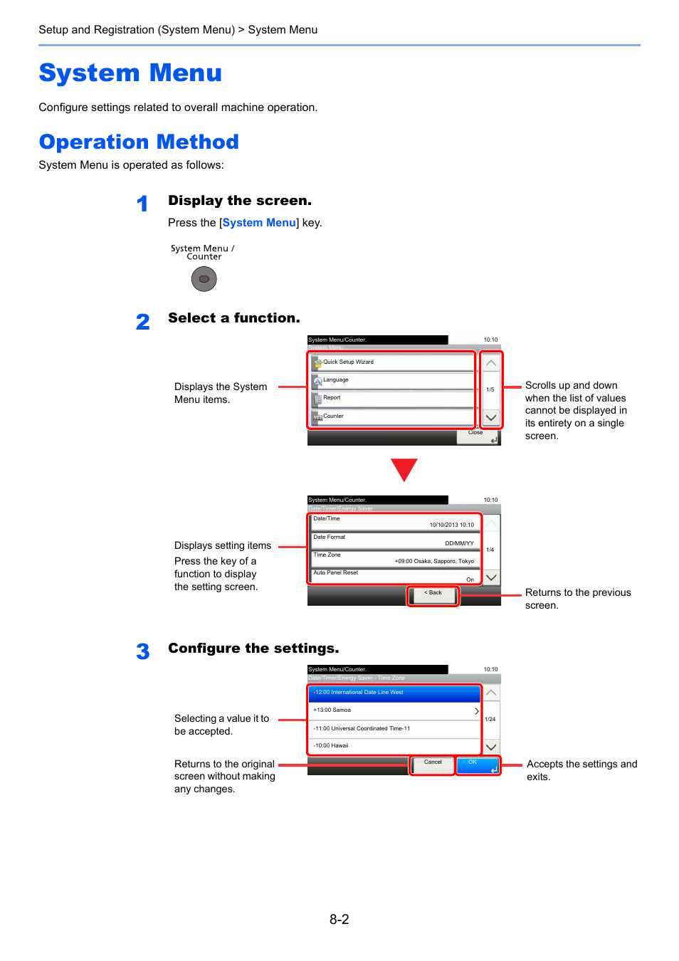 System menu, Operation method, System menu -2 | Operation method -2, Display the screen, Select a function, Configure the settings | TA Triumph-Adler P-4030i MFP User Manual | Page 259 / 421