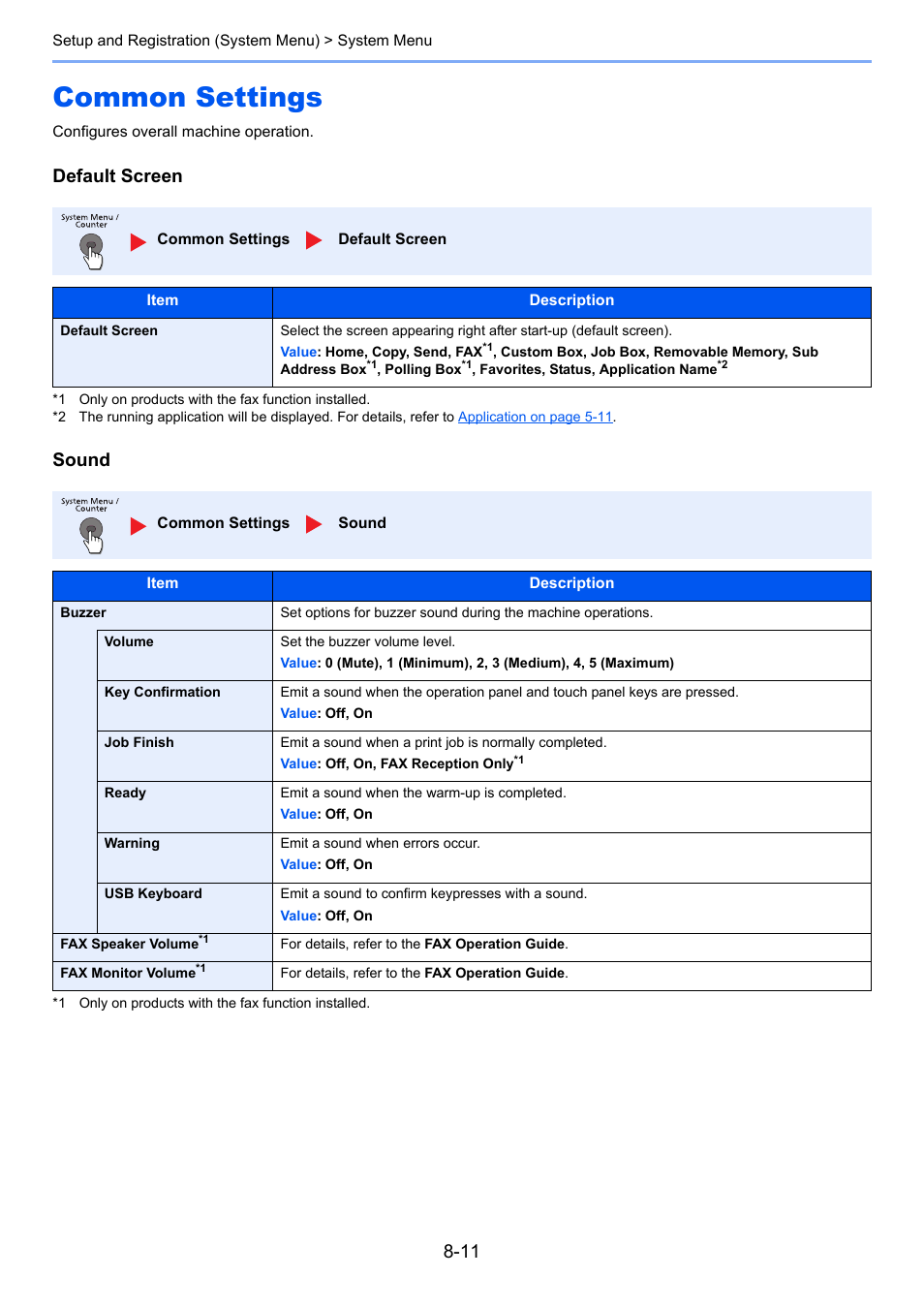 Common settings, Common settings -11, Default screen sound | TA Triumph-Adler P-4030i MFP User Manual | Page 268 / 421