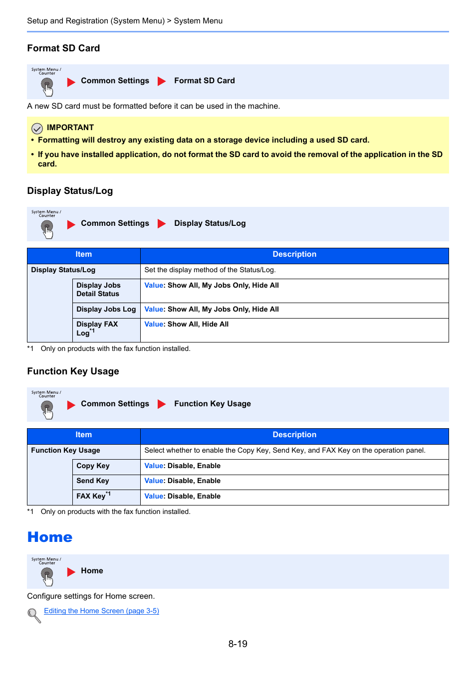 Home, Home -19, Card | Display status, This settin, Format sd card, Display status/log function key usage | TA Triumph-Adler P-4030i MFP User Manual | Page 276 / 421