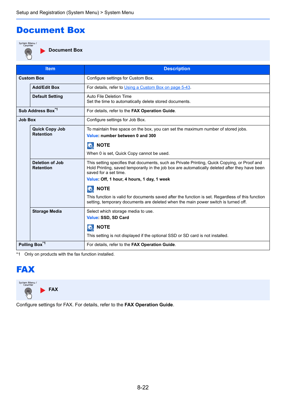 Document box, Document box -22 fax -22, Document box fax | TA Triumph-Adler P-4030i MFP User Manual | Page 279 / 421