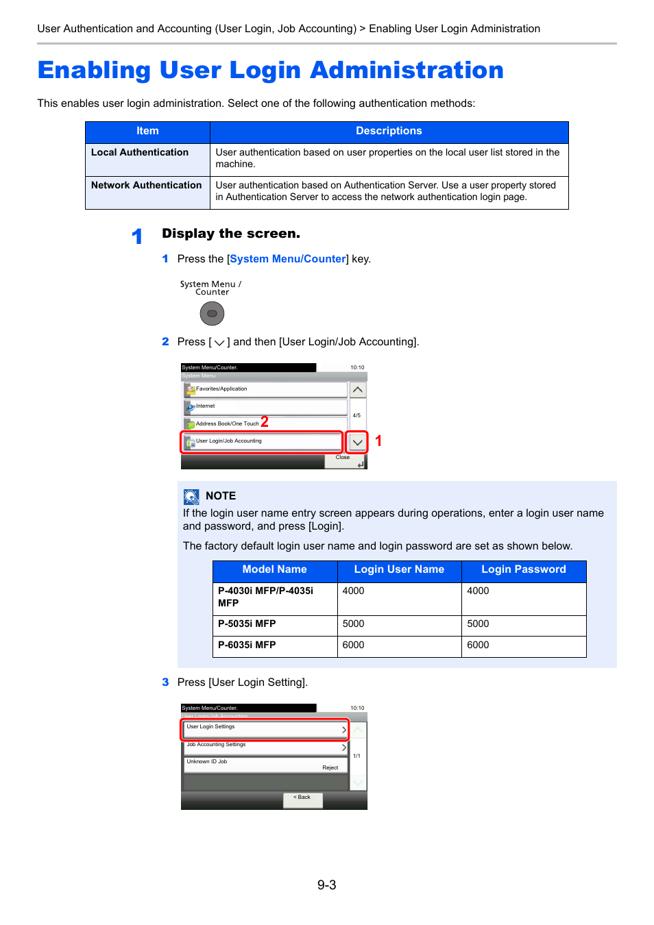 Enabling user login administration, Enabling user login administration -3, Administration | Display the screen | TA Triumph-Adler P-4030i MFP User Manual | Page 301 / 421
