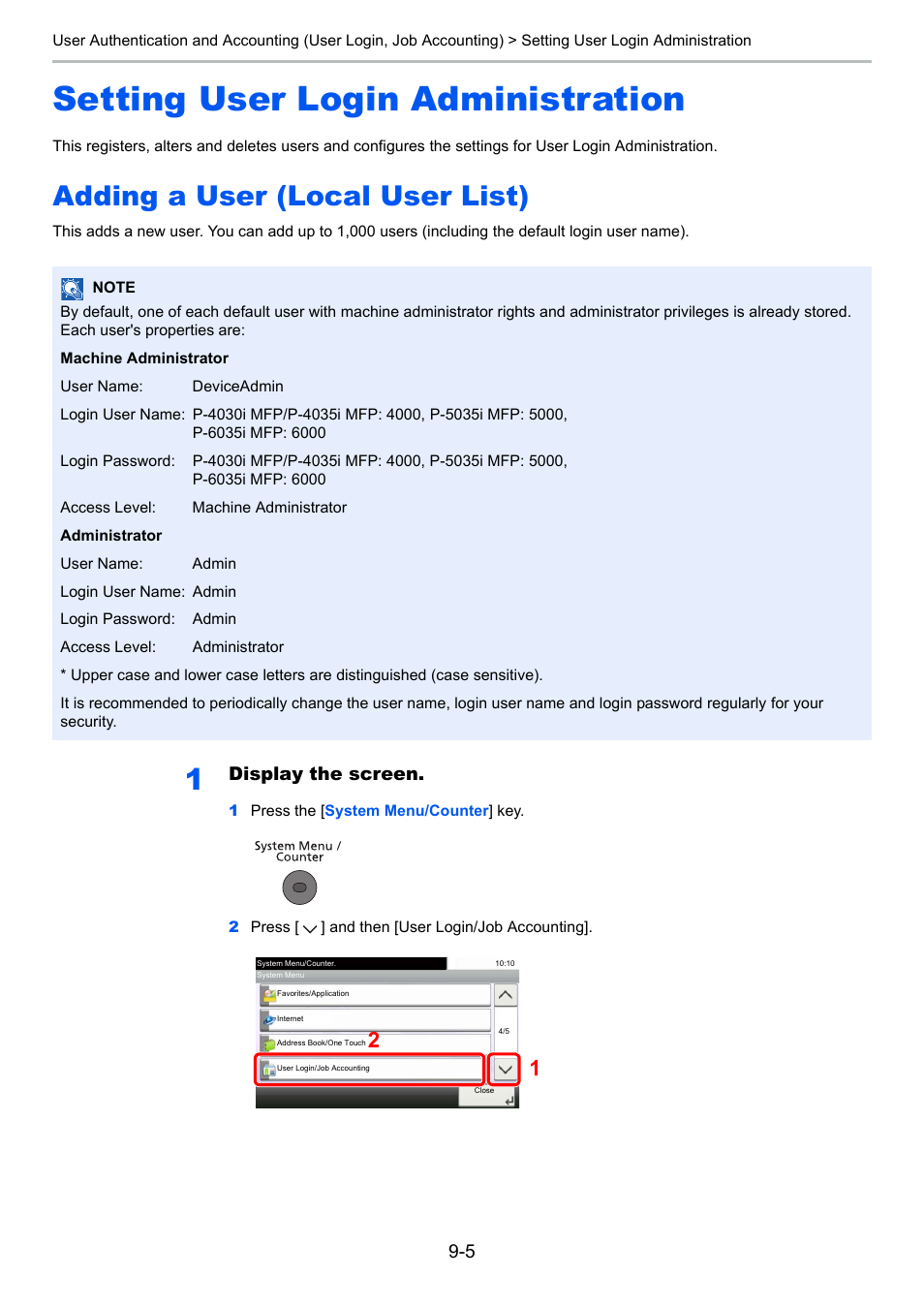 Setting user login administration, Adding a user (local user list), Setting user login administration -5 | Adding a user (local user list) -5, T the user, Display the screen | TA Triumph-Adler P-4030i MFP User Manual | Page 303 / 421