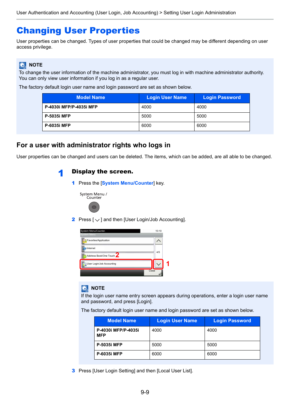 Changing user properties, Changing user properties -9, For a user with administrator rights who logs in | Display the screen | TA Triumph-Adler P-4030i MFP User Manual | Page 307 / 421