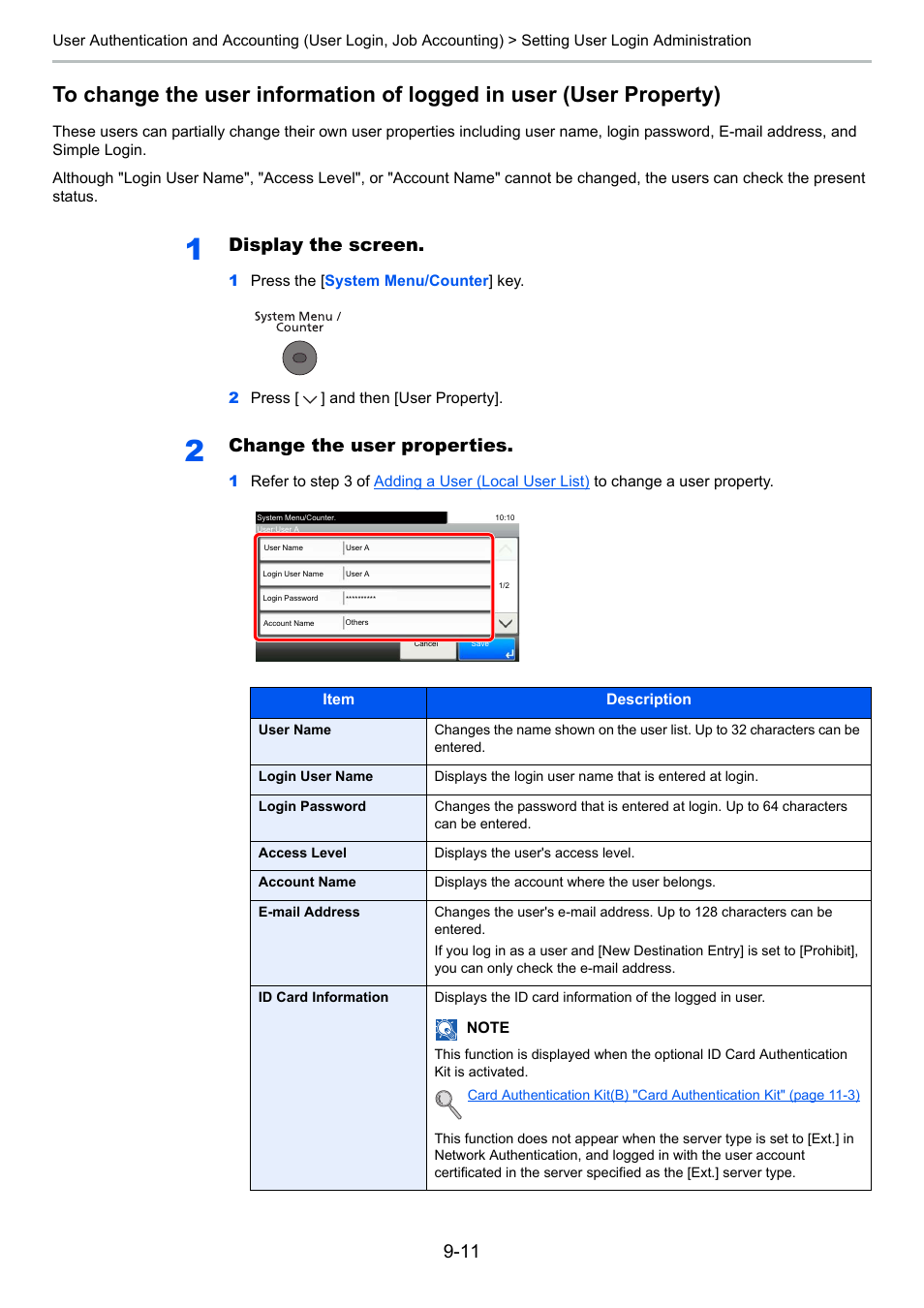 Display the screen, Change the user properties | TA Triumph-Adler P-4030i MFP User Manual | Page 309 / 421