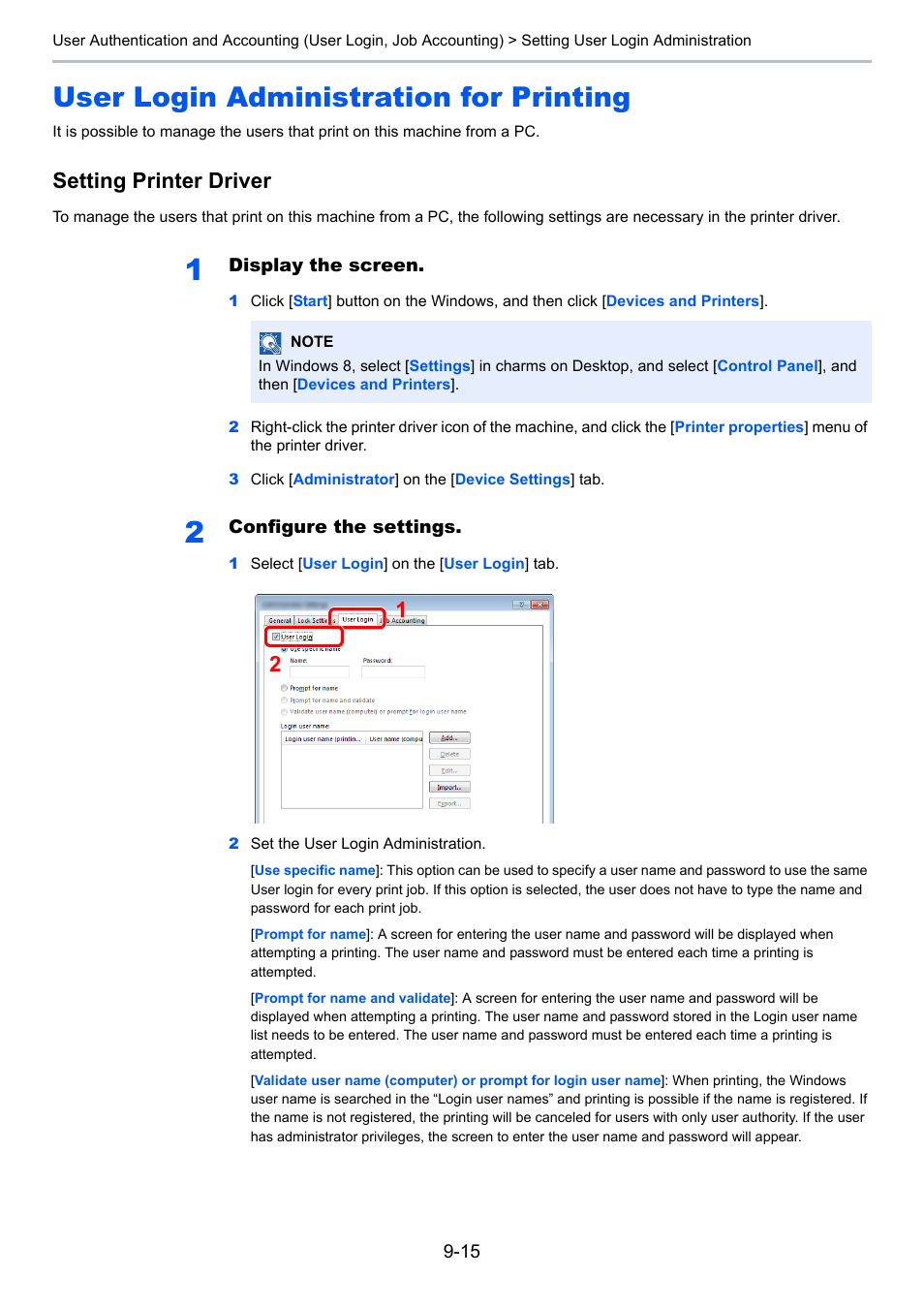 User login administration for printing, User login administration for printing -15, Setting printer driver | TA Triumph-Adler P-4030i MFP User Manual | Page 313 / 421