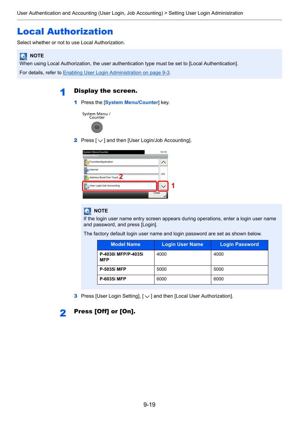 Local authorization, Local authorization -19, Display the screen | Press [off] or [on | TA Triumph-Adler P-4030i MFP User Manual | Page 317 / 421