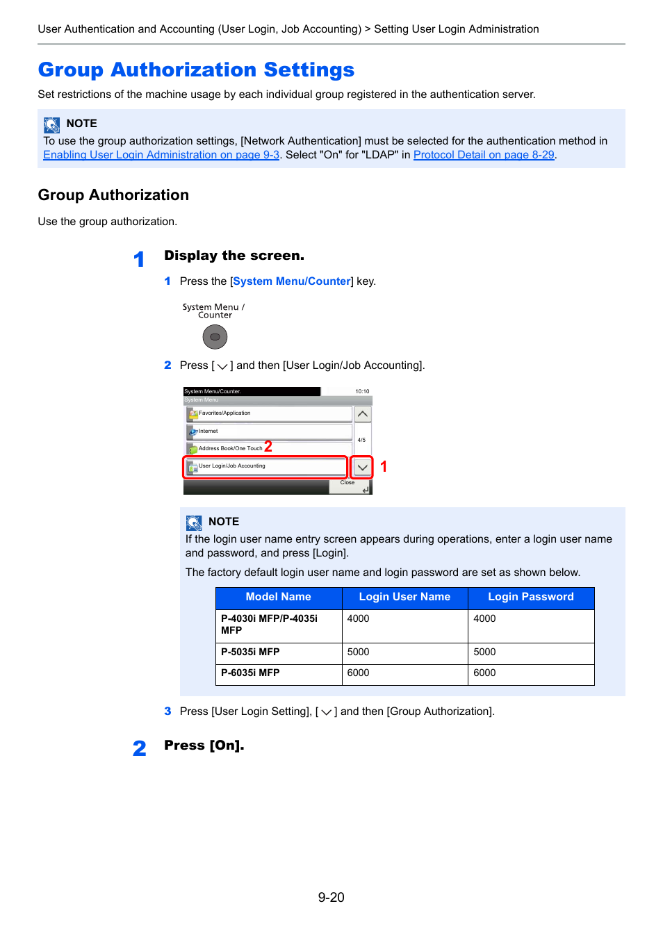 Group authorization settings, Group authorization settings -20, Group authorization | Display the screen, Press [on | TA Triumph-Adler P-4030i MFP User Manual | Page 318 / 421