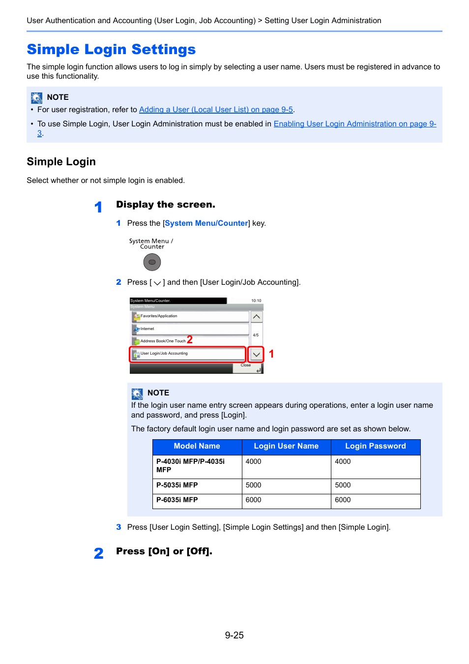 Simple login settings, Simple login settings -25, Simple login settings on | If you, Simple login, Display the screen, Press [on] or [off | TA Triumph-Adler P-4030i MFP User Manual | Page 323 / 421