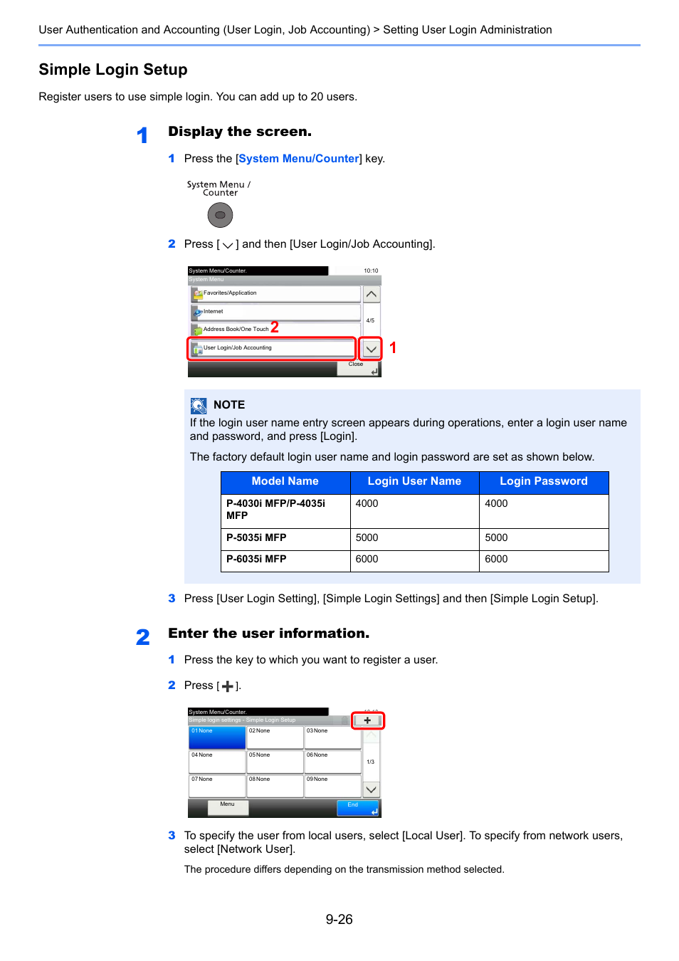 Simple login setup, Display the screen, Enter the user information | TA Triumph-Adler P-4030i MFP User Manual | Page 324 / 421