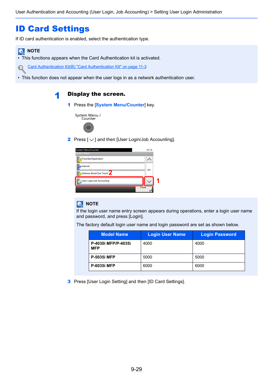 Id card settings, Id card settings -29, Display the screen | TA Triumph-Adler P-4030i MFP User Manual | Page 327 / 421