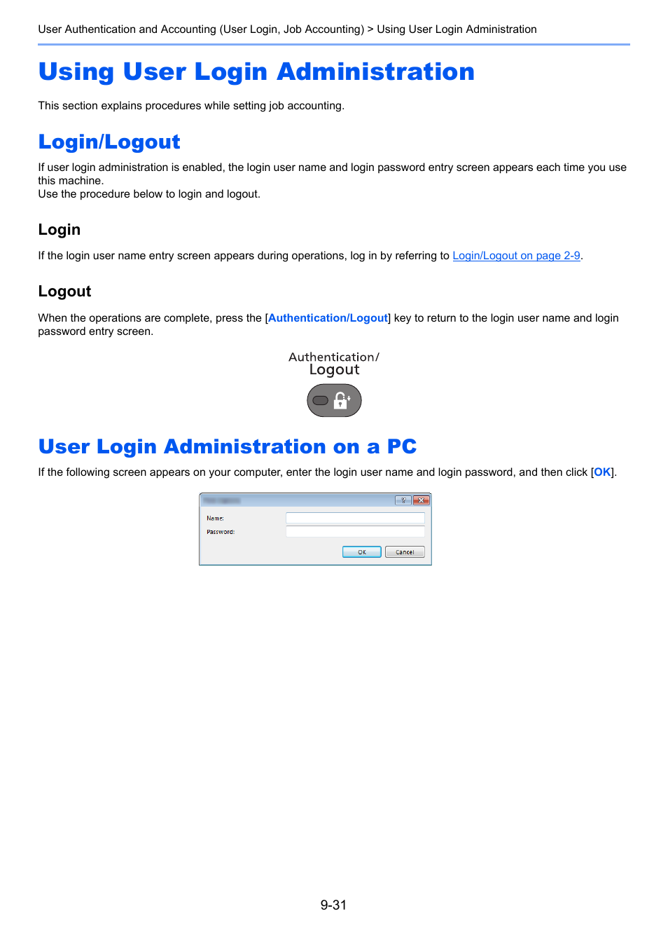 Using user login administration, Login/logout, User login administration on a pc | Using user login administration -31, Login, Logout | TA Triumph-Adler P-4030i MFP User Manual | Page 329 / 421