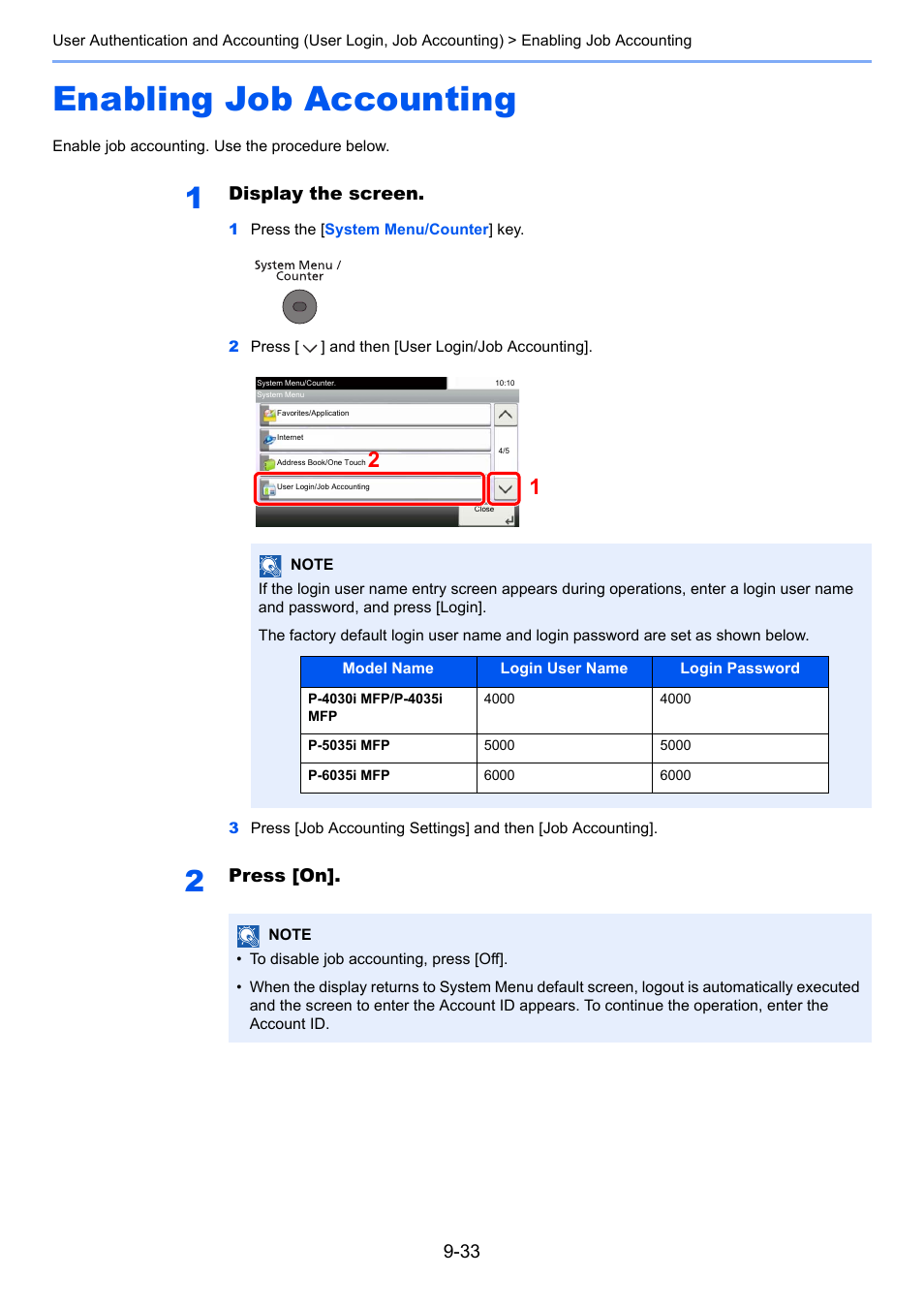 Enabling job accounting, Enabling job accounting -33, Display the screen | Press [on | TA Triumph-Adler P-4030i MFP User Manual | Page 331 / 421