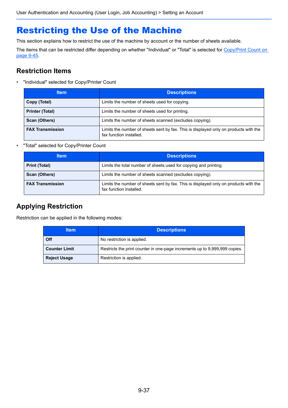 Restricting the use of the machine, Restricting the use of the machine -37, Restriction items | Applying restriction | TA Triumph-Adler P-4030i MFP User Manual | Page 335 / 421