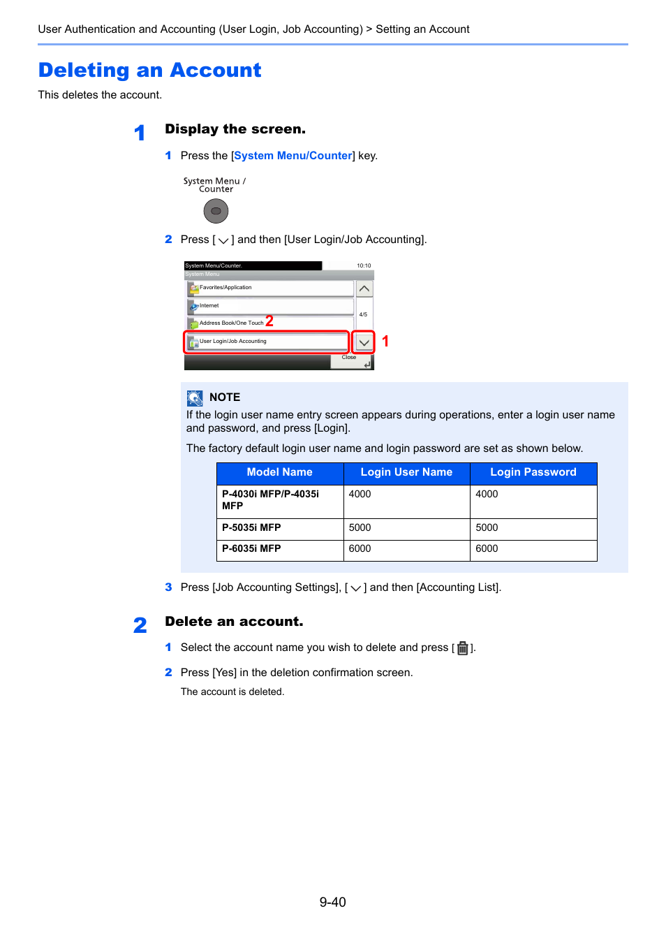 Deleting an account, Deleting an account -40, Display the screen | Delete an account | TA Triumph-Adler P-4030i MFP User Manual | Page 338 / 421