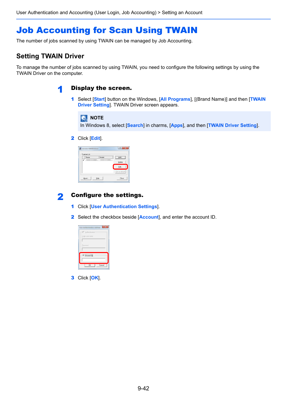 Job accounting for scan using twain, Job accounting for scan using twain -42, Setting twain driver | TA Triumph-Adler P-4030i MFP User Manual | Page 340 / 421