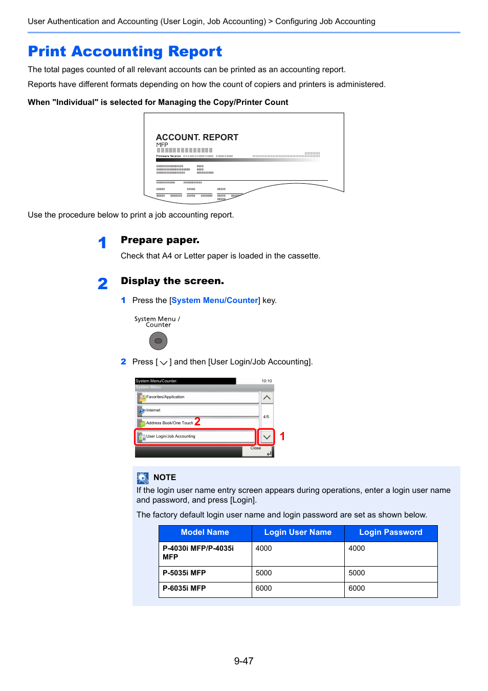 Print accounting report, Print accounting report -47, Prepare paper | Display the screen | TA Triumph-Adler P-4030i MFP User Manual | Page 345 / 421