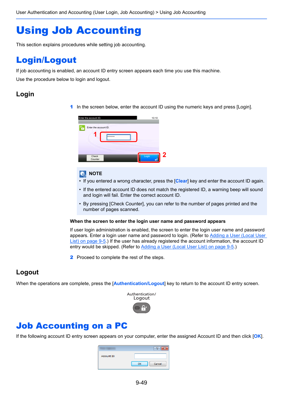 Using job accounting, Login/logout, Job accounting on a pc | Using job accounting -49, Login/logout -49 job accounting on a pc -49, Login, Logout | TA Triumph-Adler P-4030i MFP User Manual | Page 347 / 421