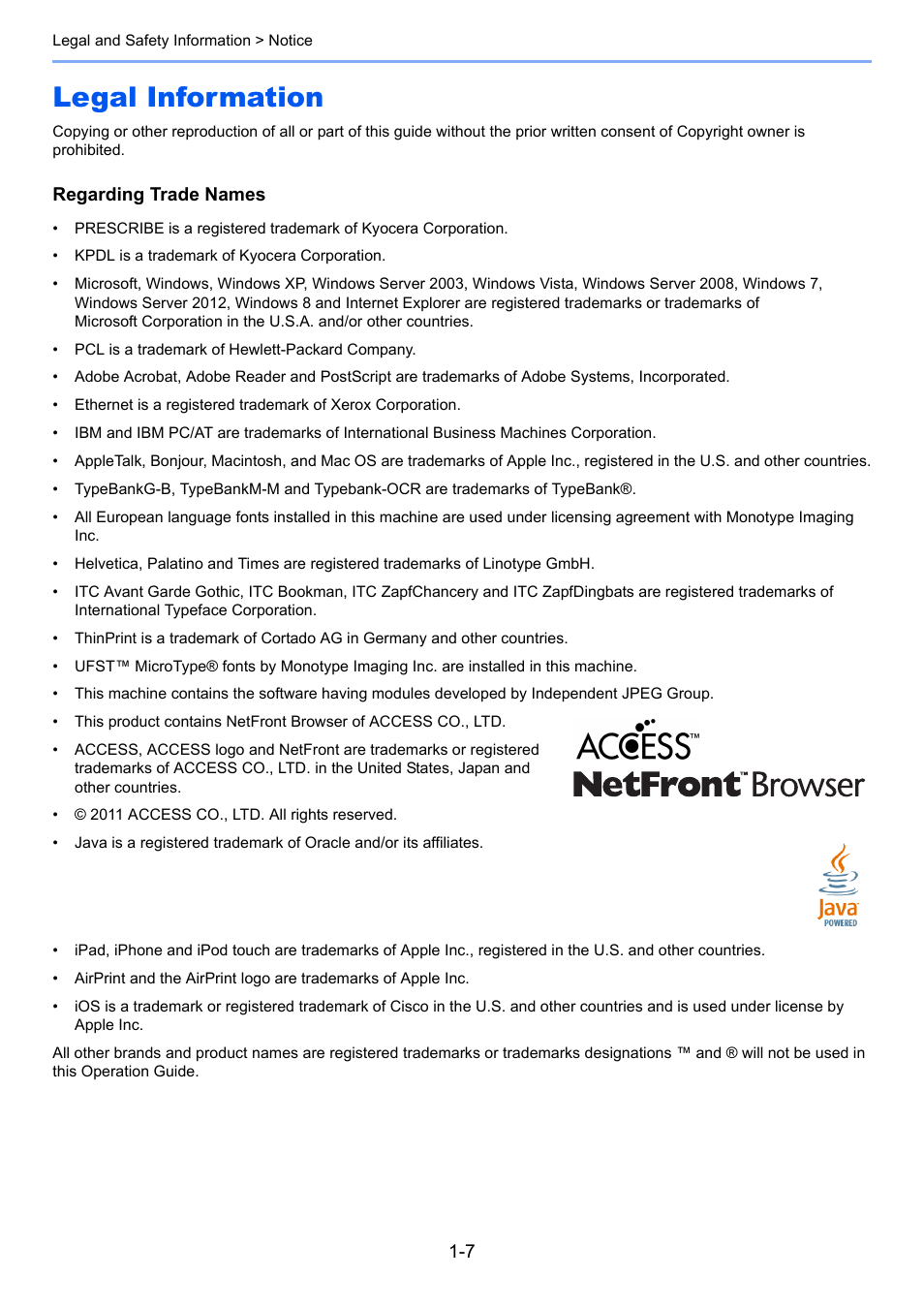 Legal information, Legal information -7 | TA Triumph-Adler P-4030i MFP User Manual | Page 37 / 421