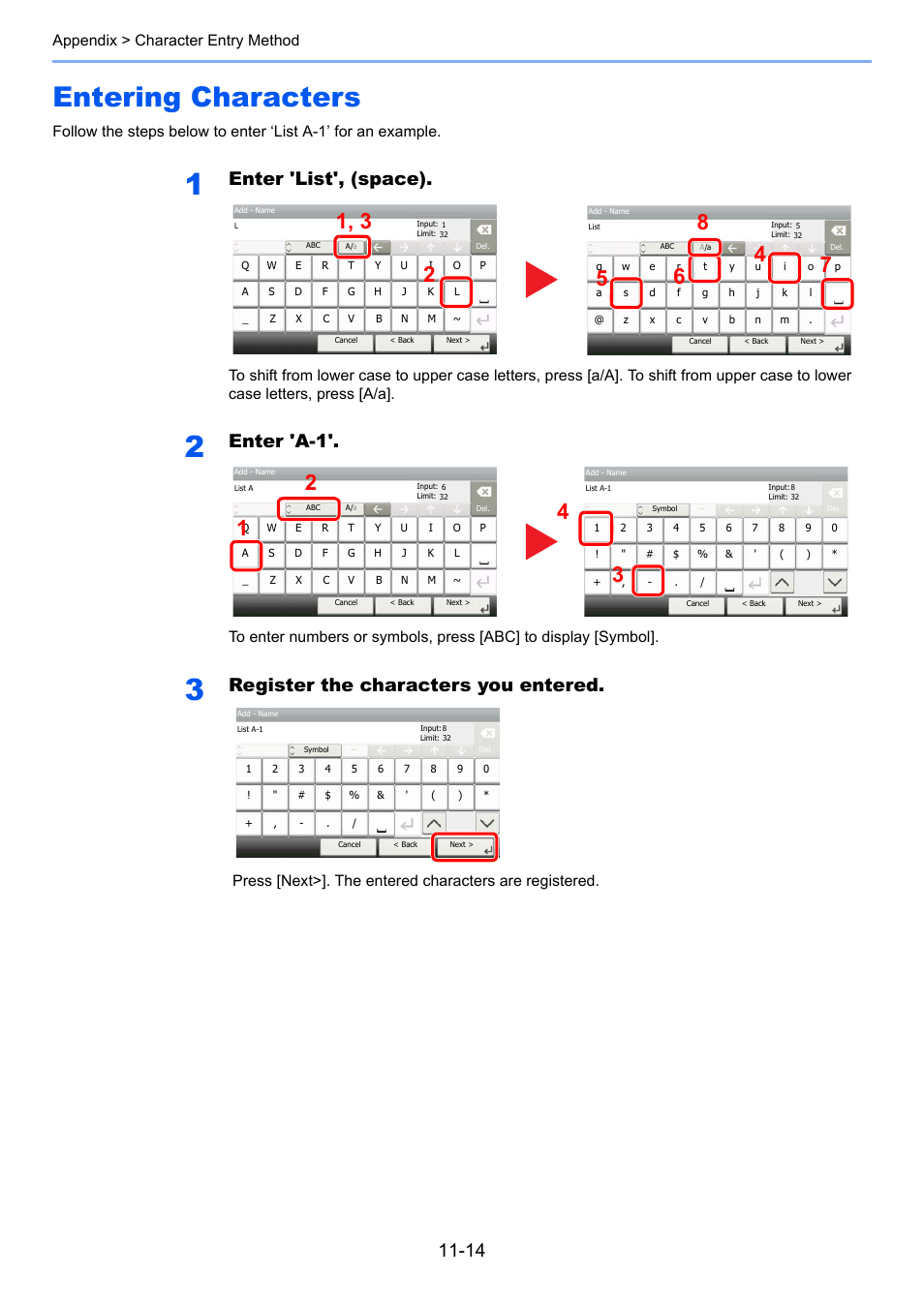 Entering characters, Entering characters -14, Enter 'list', (space) | Enter 'a-1, Register the characters you entered, Appendix > character entry method | TA Triumph-Adler P-4030i MFP User Manual | Page 395 / 421