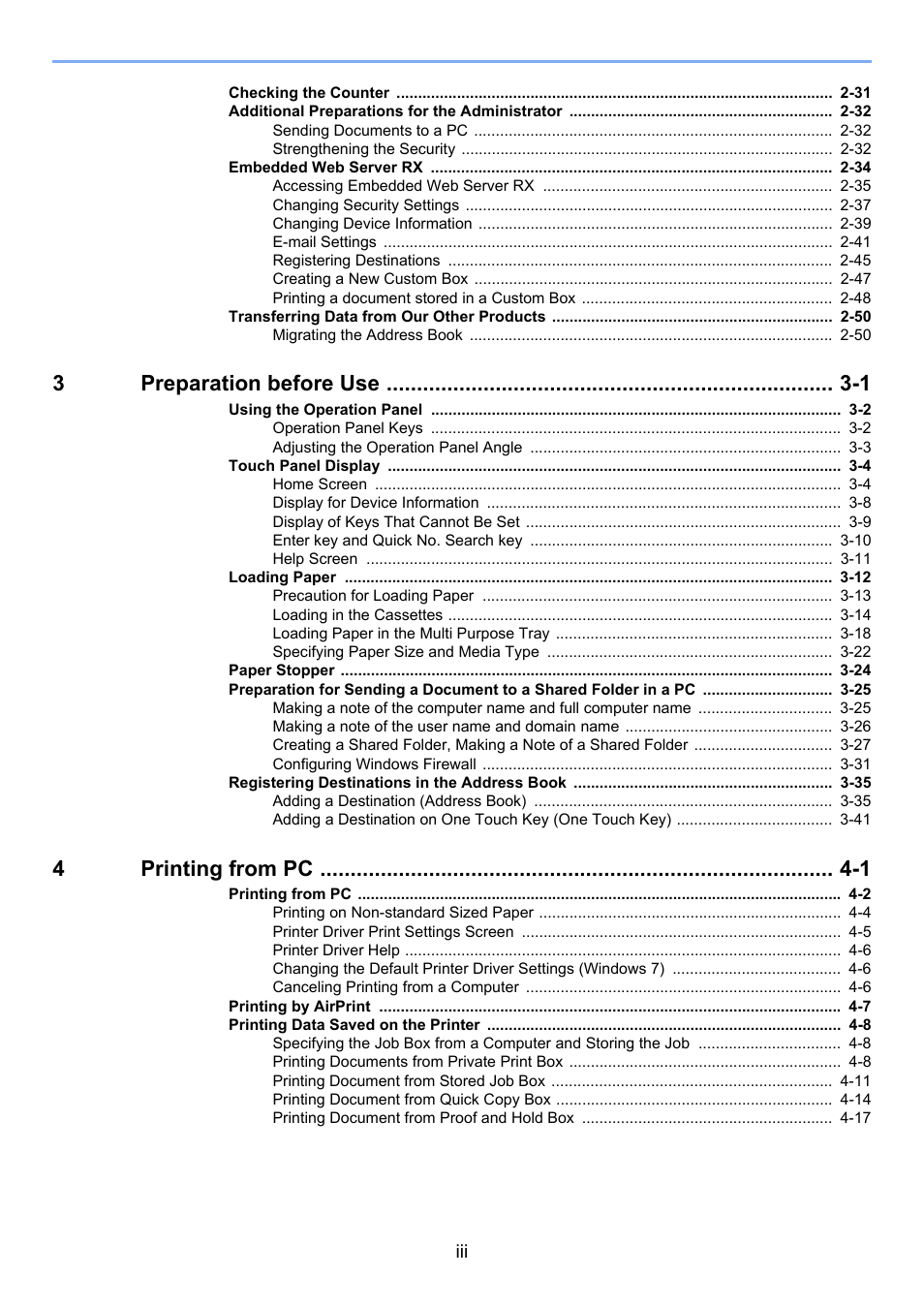 3preparation before use -1, 4printing from pc -1 | TA Triumph-Adler P-4030i MFP User Manual | Page 4 / 421