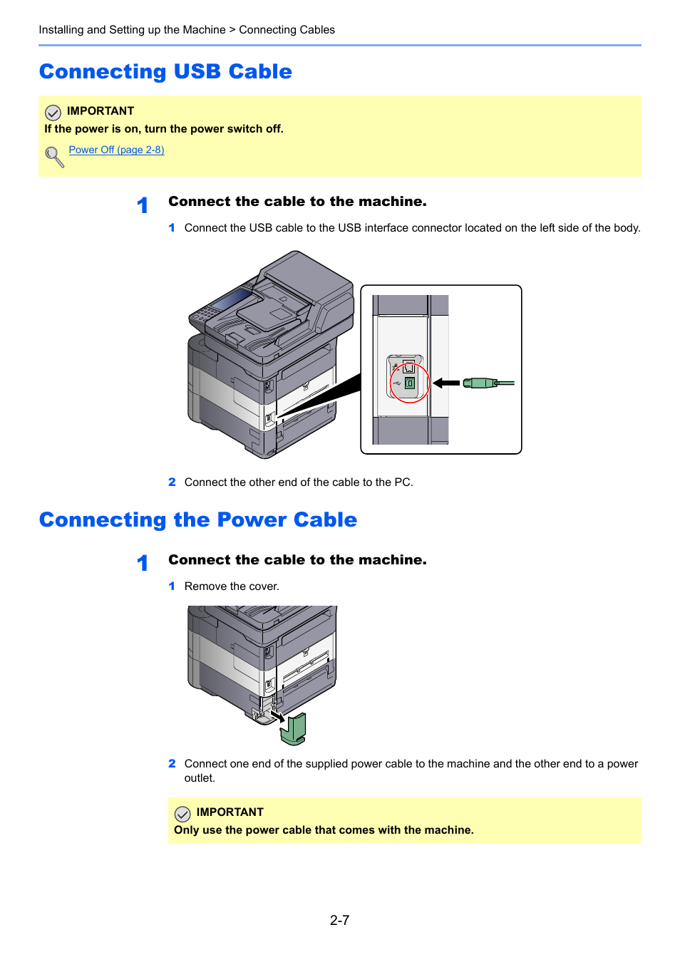 Connecting usb cable, Connecting the power cable | TA Triumph-Adler P-4030i MFP User Manual | Page 51 / 421