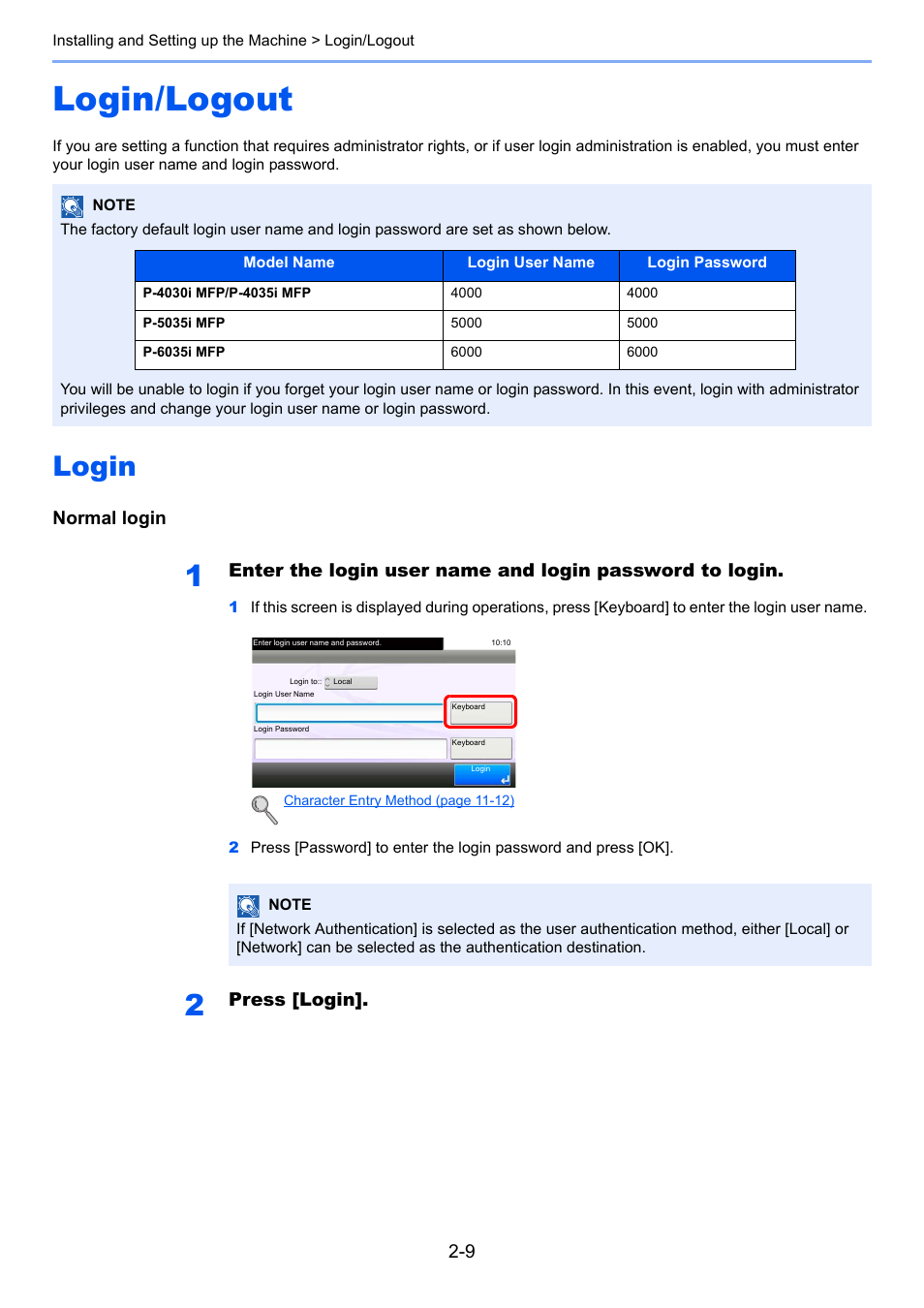 Login/logout, Login, Login/logout -9 | Login -9, Normal login, Press [login | TA Triumph-Adler P-4030i MFP User Manual | Page 53 / 421