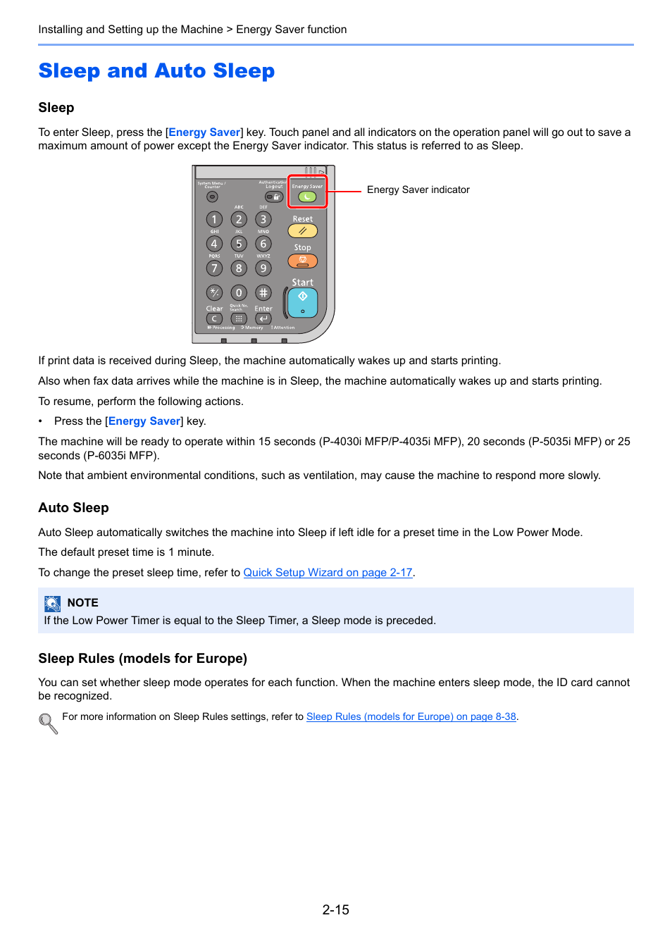 Sleep and auto sleep, Sleep and auto sleep -15 | TA Triumph-Adler P-4030i MFP User Manual | Page 59 / 421