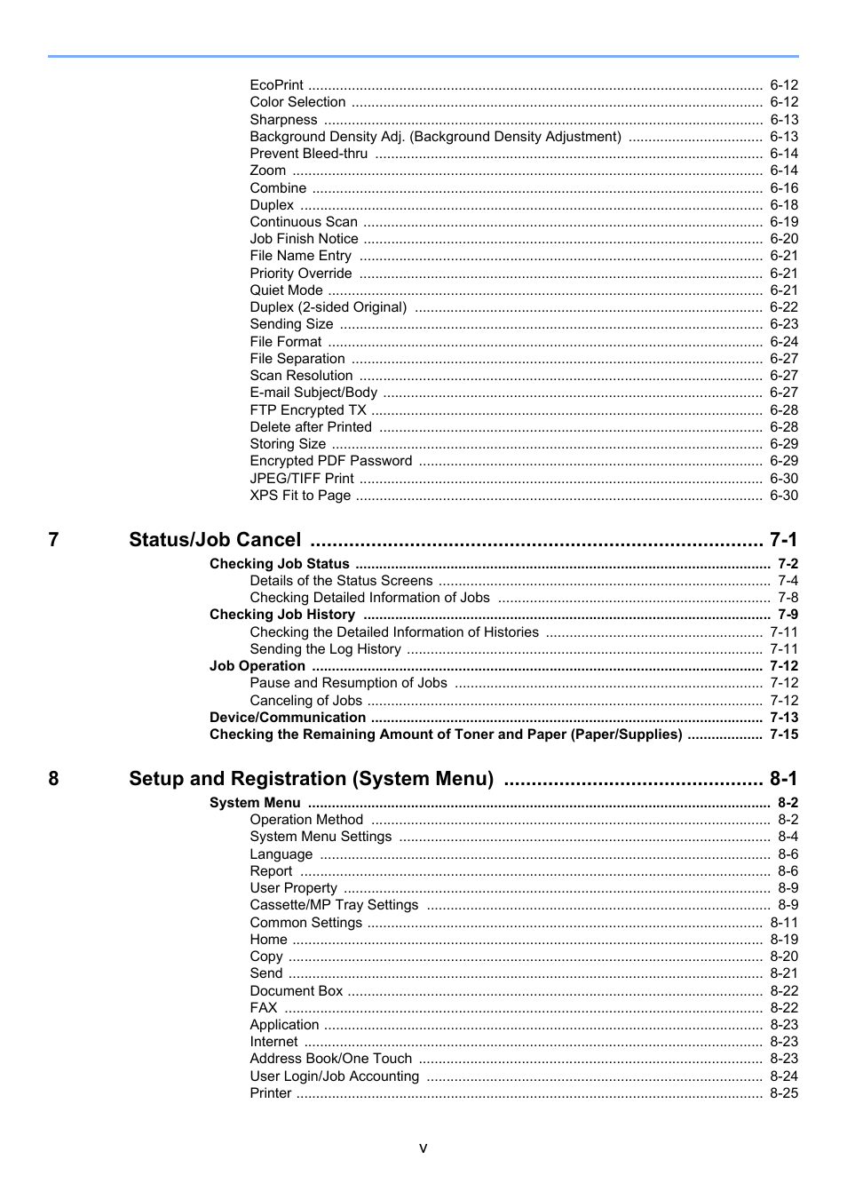 7status/job cancel -1, 8setup and registration (system menu) -1 | TA Triumph-Adler P-4030i MFP User Manual | Page 6 / 421