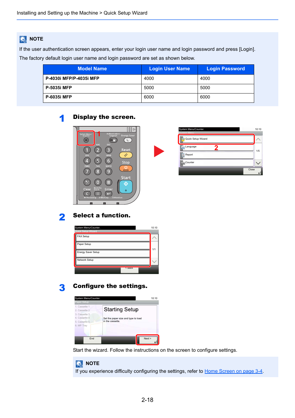 Display the screen, Select a function, Configure the settings | TA Triumph-Adler P-4030i MFP User Manual | Page 62 / 421