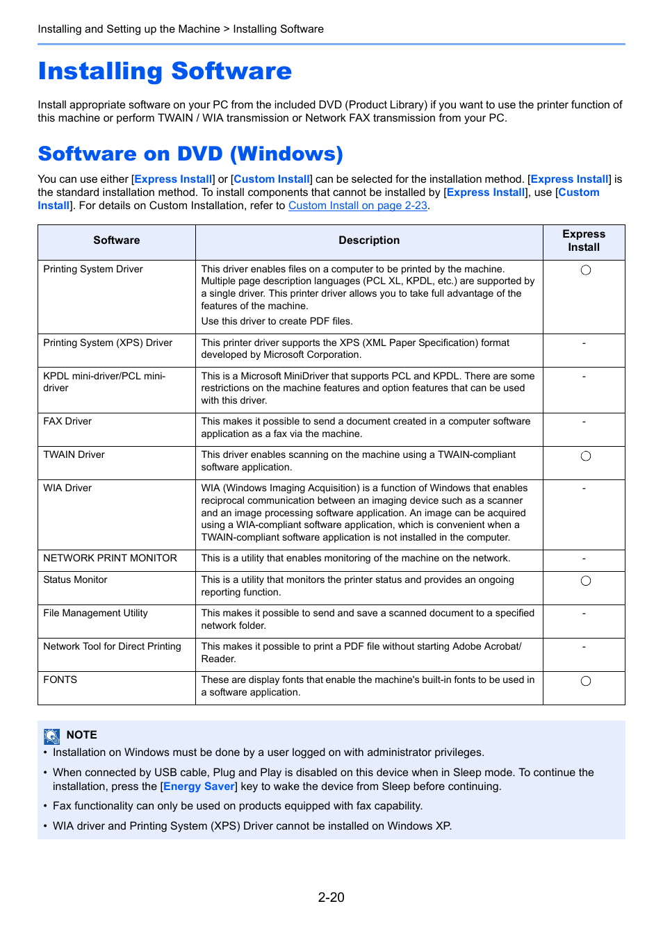 Installing software, Software on dvd (windows), Installing software -20 | Software on dvd (windows) -20 | TA Triumph-Adler P-4030i MFP User Manual | Page 64 / 421