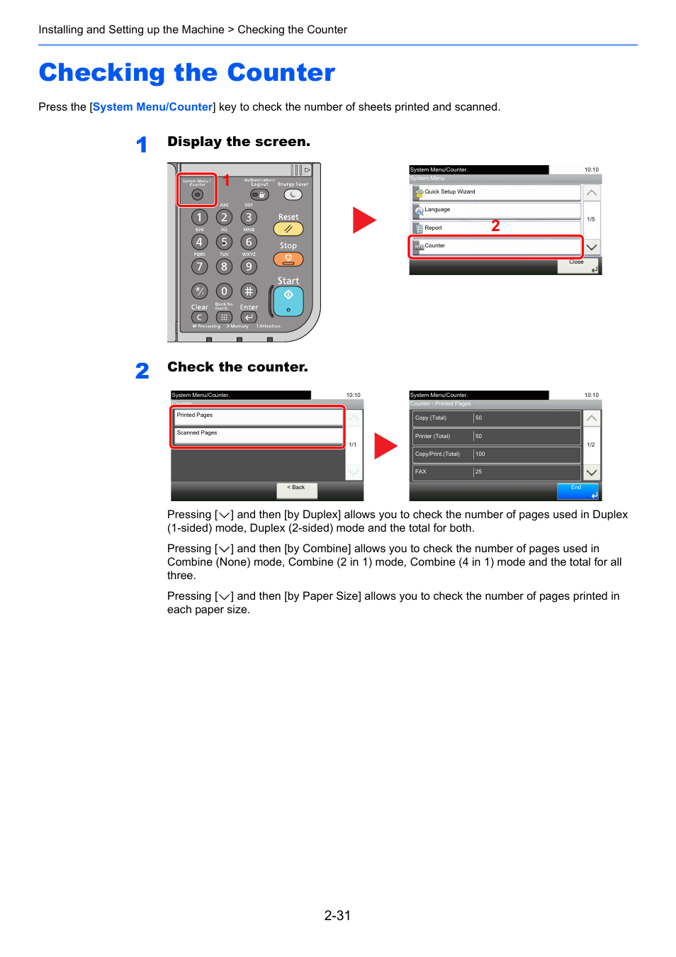 Checking the counter, Checking the counter -31, Display the screen | Check the counter | TA Triumph-Adler P-4030i MFP User Manual | Page 75 / 421