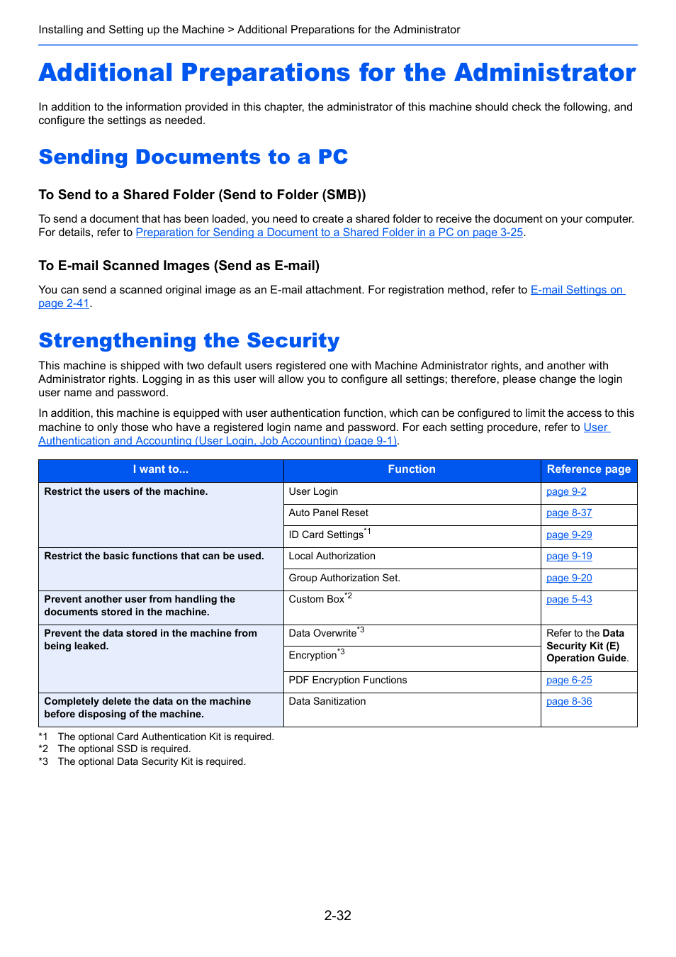 Additional preparations for the administrator, Sending documents to a pc, Strengthening the security | Additional preparations for the administrator -32 | TA Triumph-Adler P-4030i MFP User Manual | Page 76 / 421