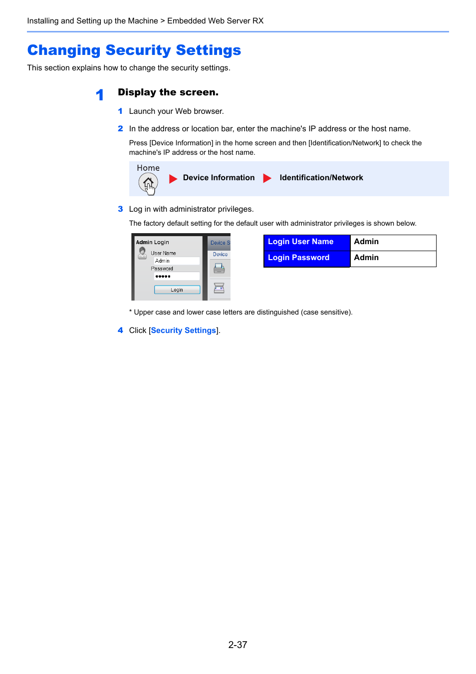 Changing security settings, Changing security settings -37 | TA Triumph-Adler P-4030i MFP User Manual | Page 81 / 421