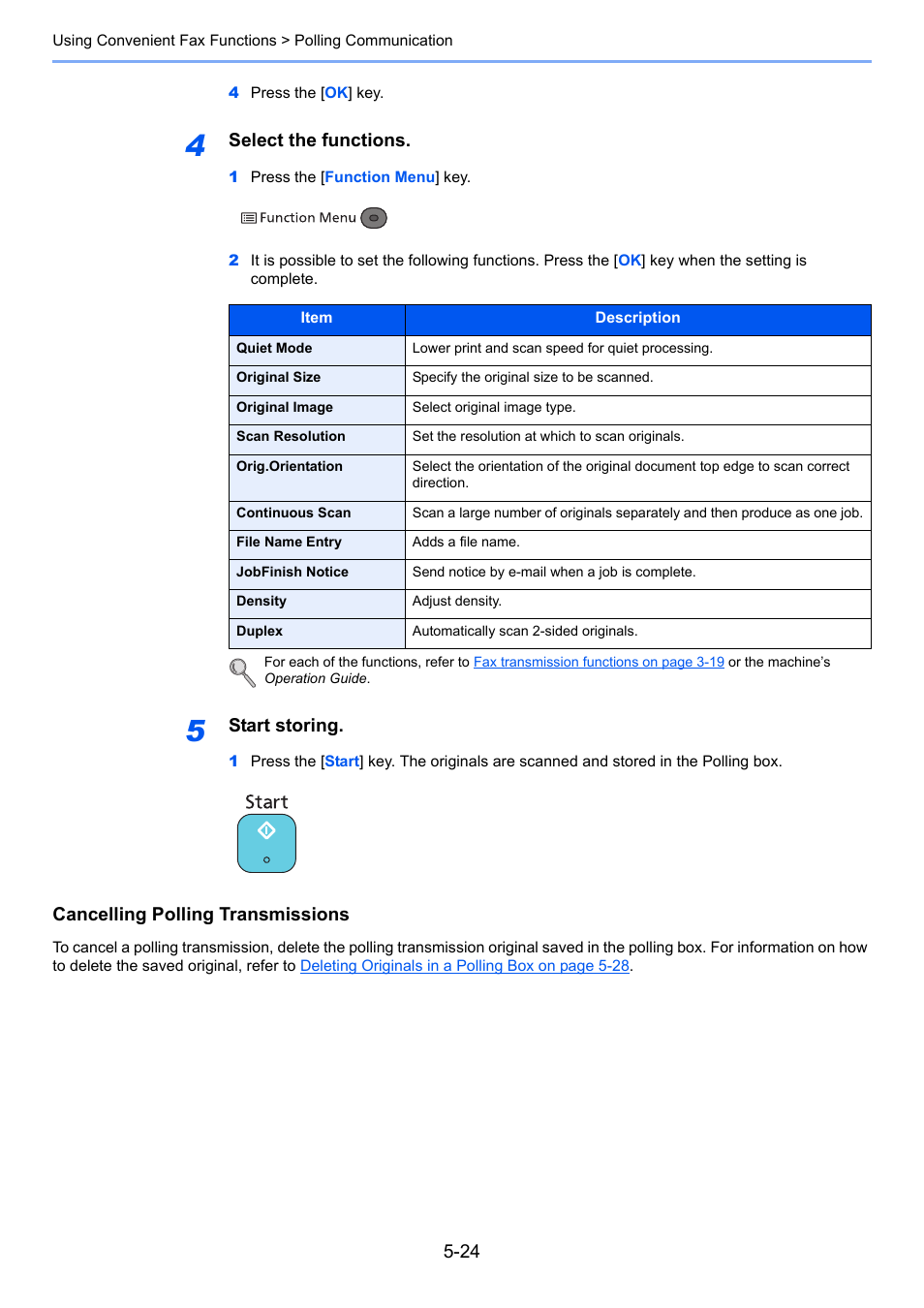 Select the functions, Start storing, Cancelling polling transmissions | TA Triumph-Adler P-4035 MFP User Manual | Page 102 / 214