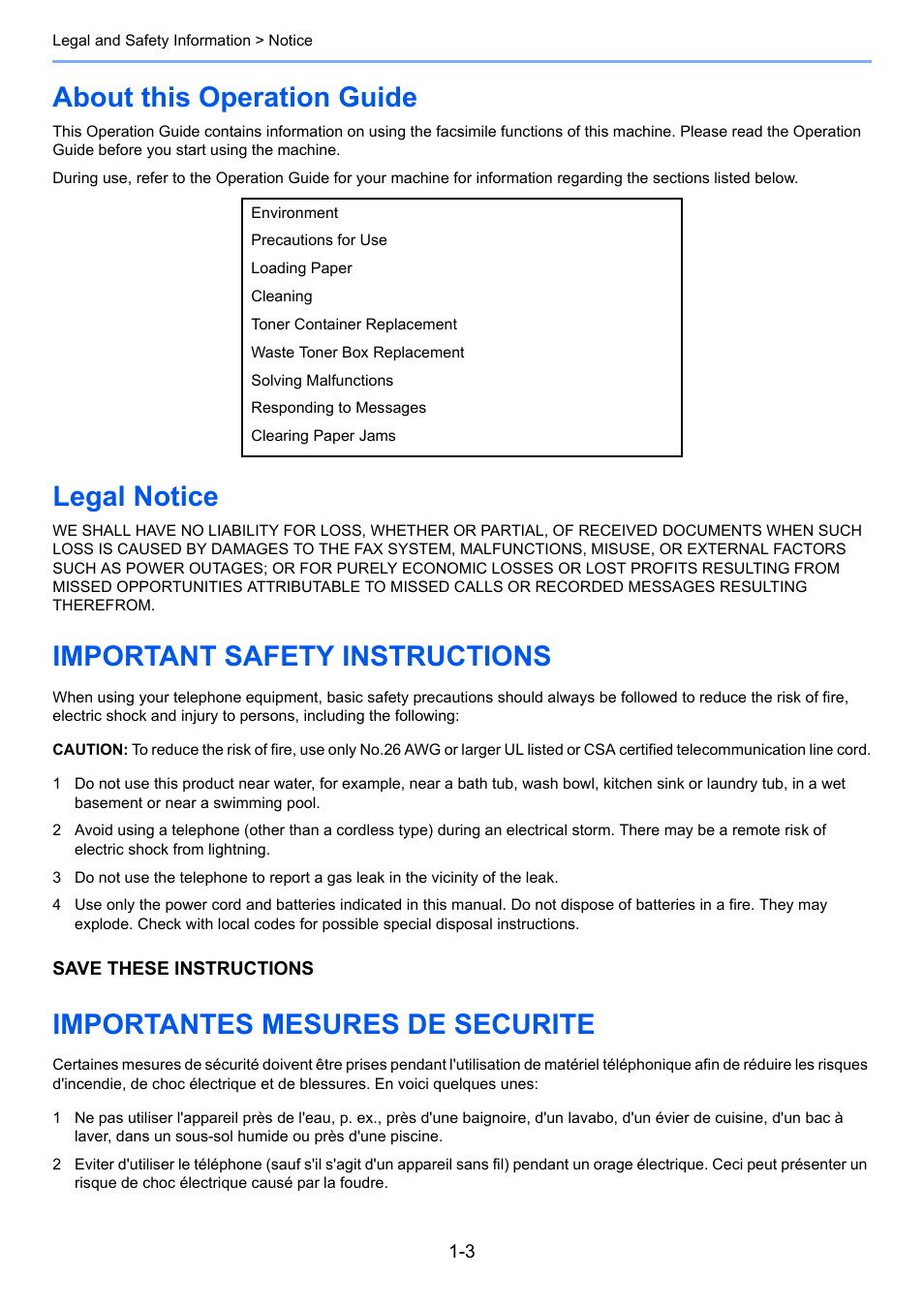 About this operation guide, Legal notice, Important safety instructions | Importantes mesures de securite | TA Triumph-Adler P-4035 MFP User Manual | Page 11 / 214