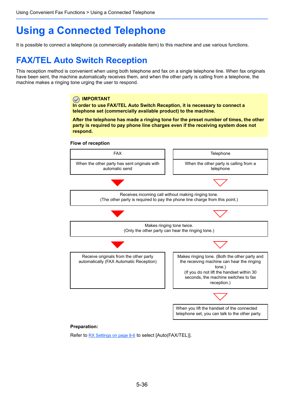 Using a connected telephone, Fax/tel auto switch reception, Using a connected telephone -36 | Fax/tel auto switch reception -36 | TA Triumph-Adler P-4035 MFP User Manual | Page 114 / 214