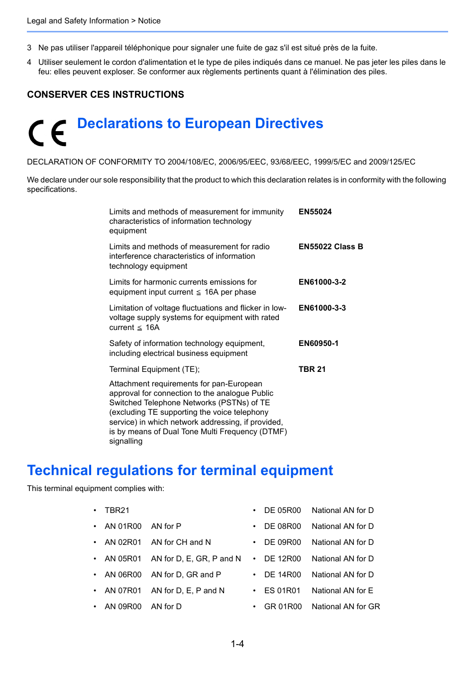 Declarations to european directives, Technical regulations for terminal equipment | TA Triumph-Adler P-4035 MFP User Manual | Page 12 / 214
