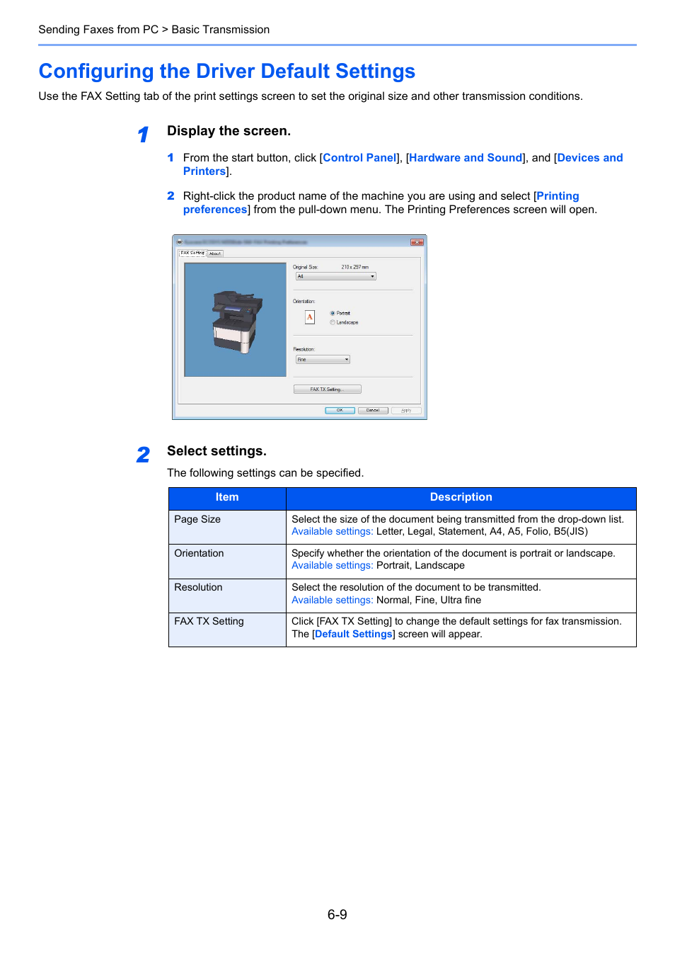 Configuring the driver default settings, Configuring the driver default settings -9, Configuring the driver default | TA Triumph-Adler P-4035 MFP User Manual | Page 131 / 214