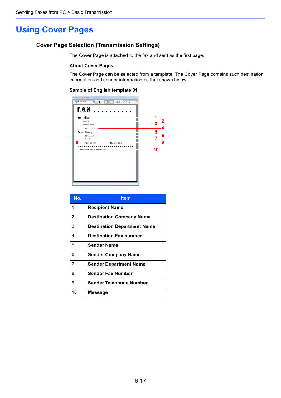 Using cover pages, Cover page selection (transmission settings) | TA Triumph-Adler P-4035 MFP User Manual | Page 139 / 214