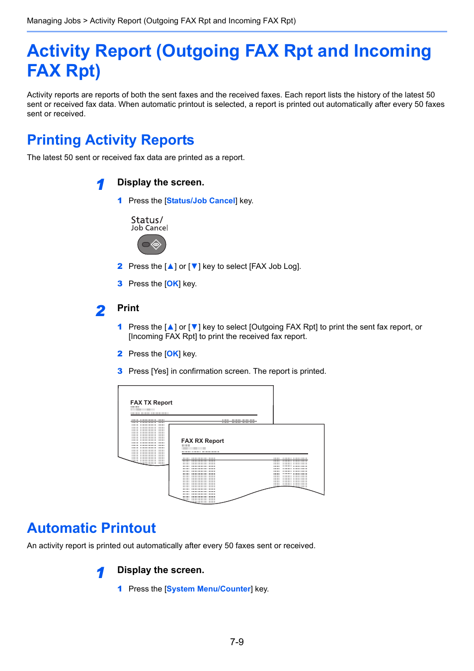 Printing activity reports, Automatic printout, Printing activity reports -9 automatic printout -9 | TA Triumph-Adler P-4035 MFP User Manual | Page 158 / 214