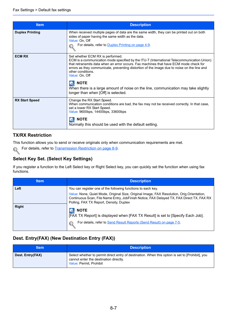 Tx/rx restriction, Select key set. (select key settings), Dest. entry(fax) (new destination entry (fax)) | TA Triumph-Adler P-4035 MFP User Manual | Page 171 / 214