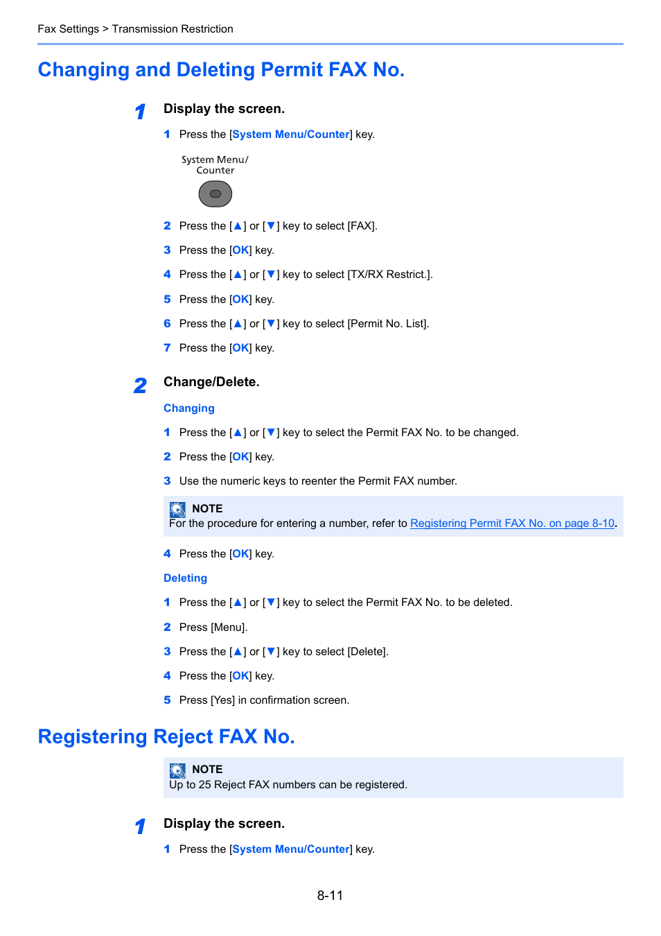 Changing and deleting permit fax no, Registering reject fax no | TA Triumph-Adler P-4035 MFP User Manual | Page 175 / 214