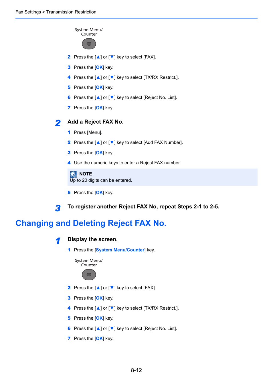 Changing and deleting reject fax no, Changing and deleting reject fax no -12 | TA Triumph-Adler P-4035 MFP User Manual | Page 176 / 214