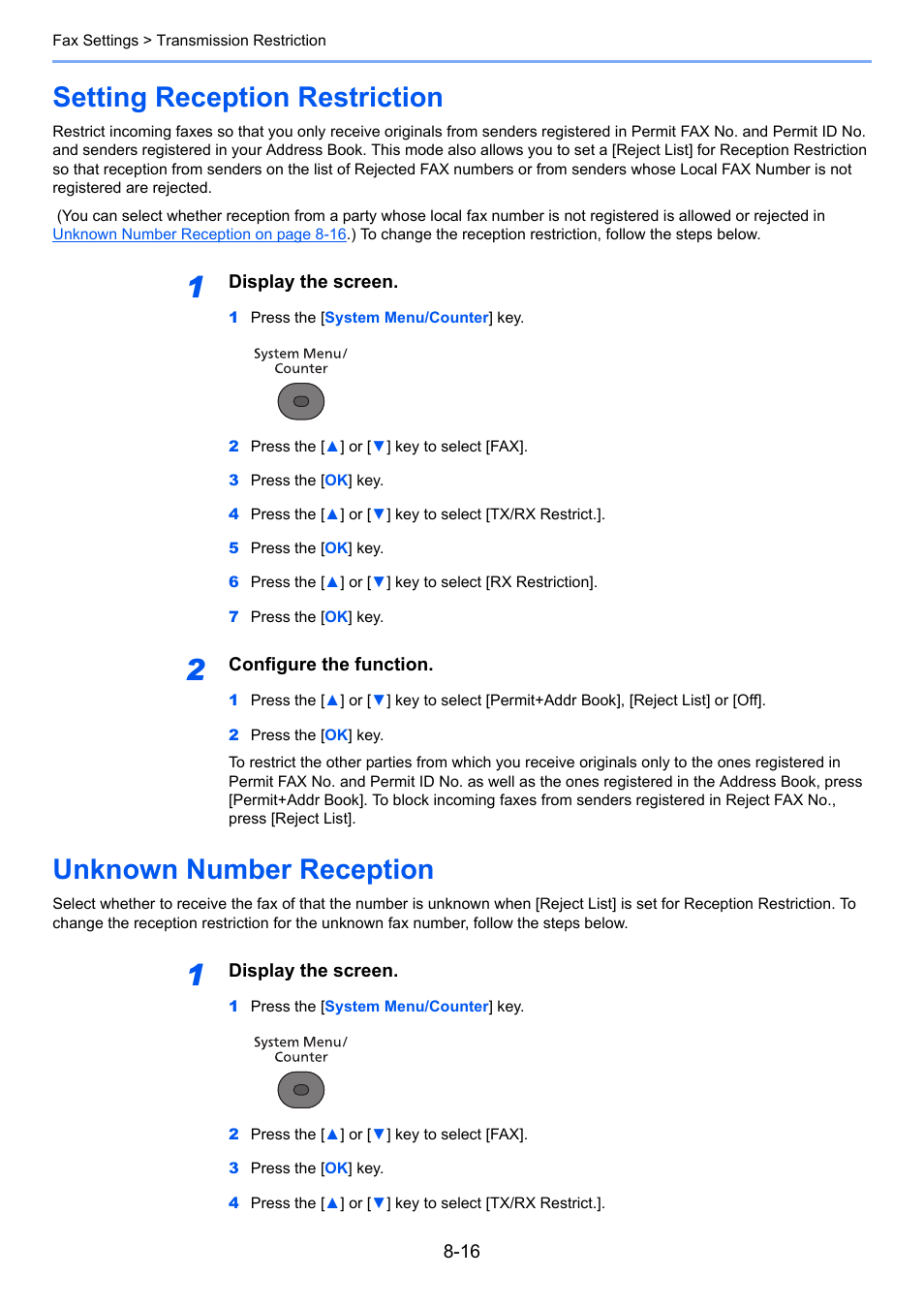 Setting reception restriction, Unknown number reception, Setting | TA Triumph-Adler P-4035 MFP User Manual | Page 180 / 214
